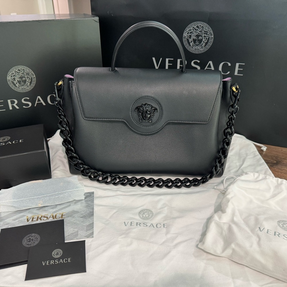 Versace La Medusa Large Top Handle Bag with Lilac Interior.